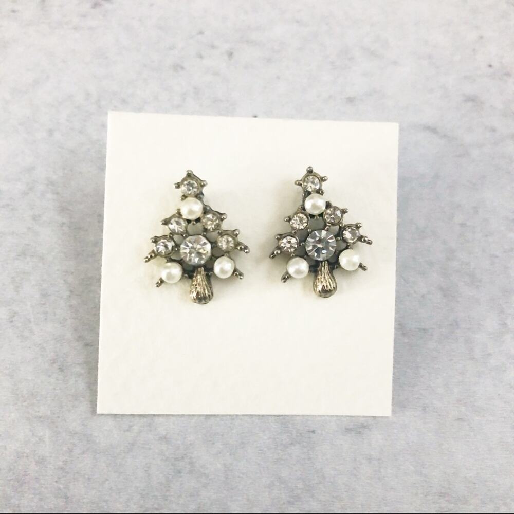 Christmas Tree Rhinestone & Pearl Embellished Silver Earrings